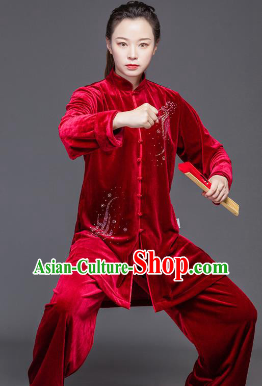 Chinese Kung Fu Competition Suits Tai Ji Performance Red Pleuche Outfits Tai Chi Clothing Martial Arts Garment