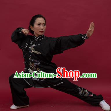 Chinese Martial Arts Embroidered Black Outfits Tai Chi Performance Garment Costume Kung Fu Wing Chun Competition Suits