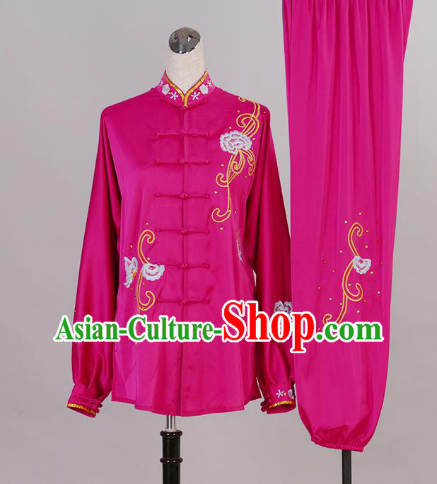 Chinese Tai Chi Competition Garment Costume Kung Fu Tai Ji Performance Suits Martial Arts Embroidered Butterfly Rosy Outfits
