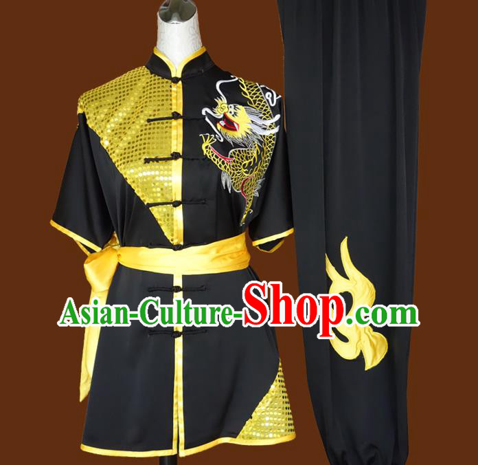 China Nanquan Boxing Training Black Suits Kung Fu Uniforms Wushu Kongfu Sequins Garment Costumes