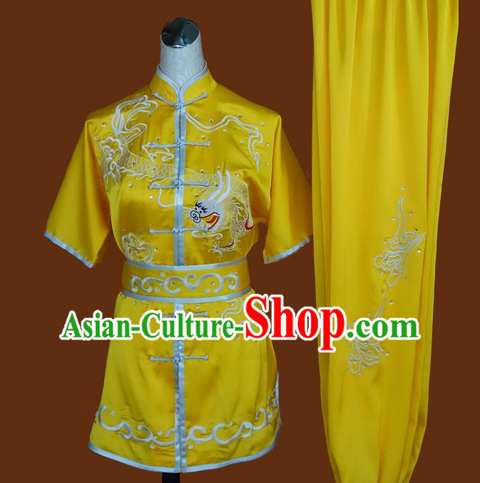 China Wu Shu Embroidered Dragon Yellow Suits Kung Fu Competition Uniforms Martial Arts Performance Garment Costumes