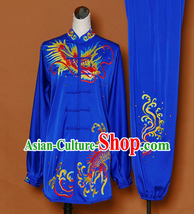 China Tai Chi Competition Royalblue Uniforms Martial Arts Embroidered Dragon Garment Costumes Kung Fu Tai Ji Suits