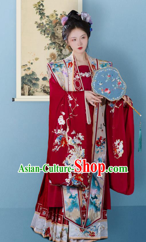 China Song Dynasty Embroidered Historical Garment Costumes Ancient Court Empress Red Hanfu Dress Clothing for Women