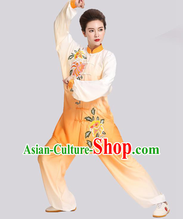 Chinese Tai Ji Training Clothing Tai Chi Kung Fu Gradient Orange Suits Martial Arts Competition Embroidered Peony Outfits