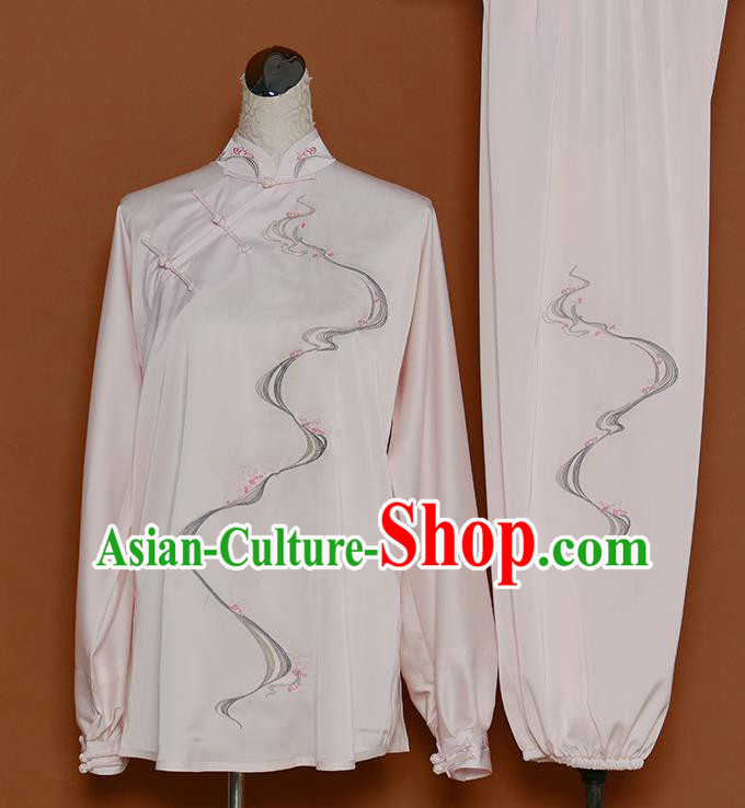 Chinese Tai Chi Competition Light Pink Suits Martial Arts Embroidered Outfits Kung Fu Tai Ji Training Clothing