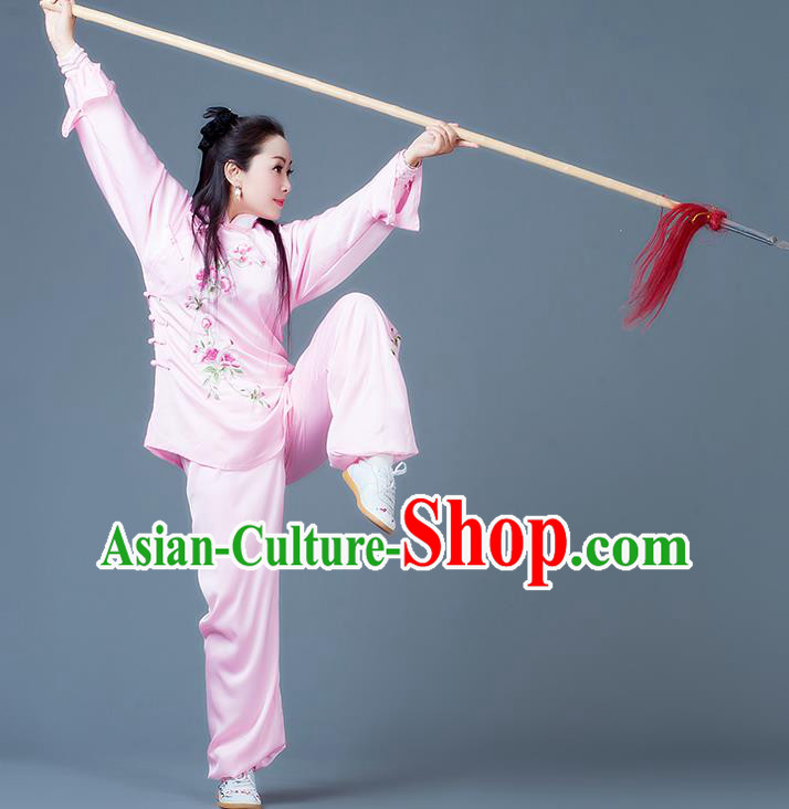 China Wushu Martial Arts Competition Suits Tai Chi Spear Training Embroidered Clothing Kung Fu Performance Pink Outfits
