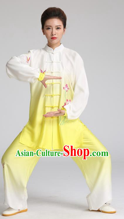 China Kung Fu Competition Outfits Martial Arts Tai Ji Embroidered Lotus Yellow Suits Tai Chi Training Clothing