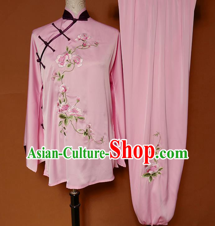 China Tai Chi Group Competition Pink Outfits Tai Ji Sword Performance Suits Martial Arts Kung Fu Embroidered Flowers Clothing