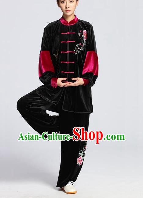 China Martial Arts Embroidered Rose Clothing Tai Chi Competition Outfits Tai Ji Sword Performance Black Velvet Suits
