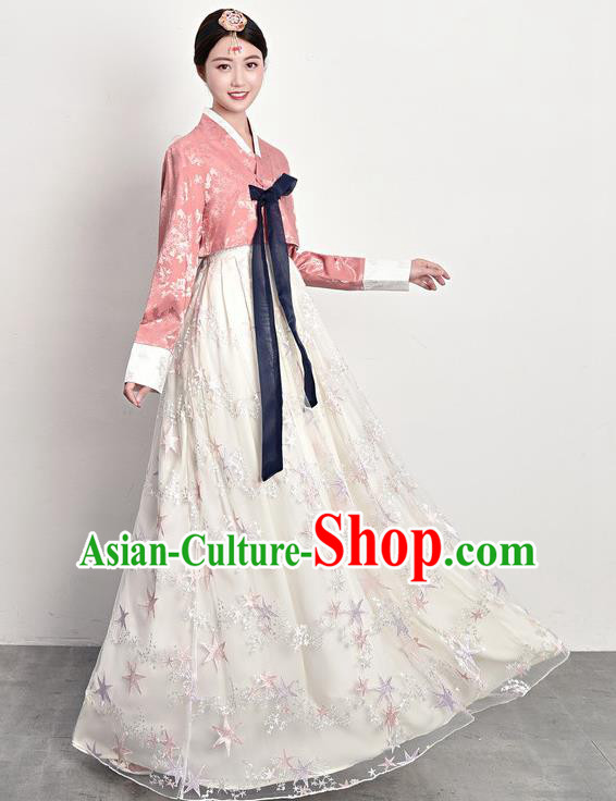 Ancient Korea Female Garment Costumes Traditional Asian Palace Princess Pink Blouse and White Dress Outfits Korean Court Dress