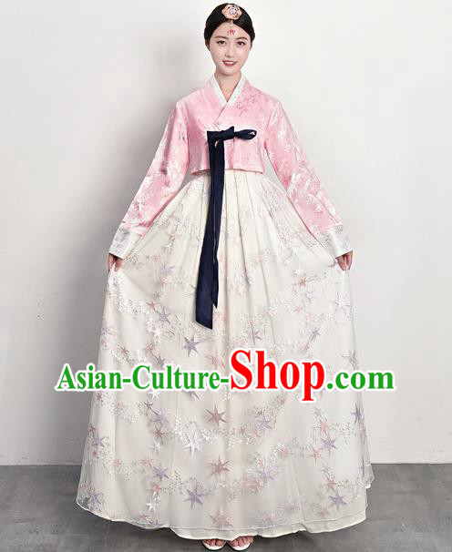 Korean Court Dress Ancient Korea Female Garment Costumes Traditional Asian Palace Princess Pink Blouse and White Dress Outfits