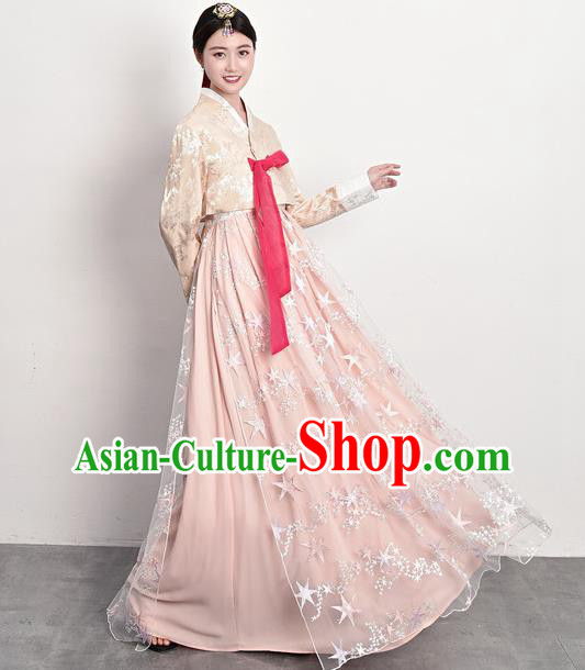 Korean Palace Princess Beige Blouse and Pink Dress Outfits Traditional Asian Court Dress Korea Ancient Female Garment Costumes
