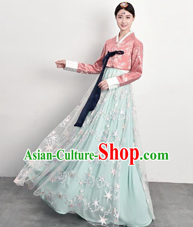 Traditional Asian Court Dress Korea Ancient Female Garment Costumes Korean Palace Princess Pink Blouse and Blue Dress Outfits