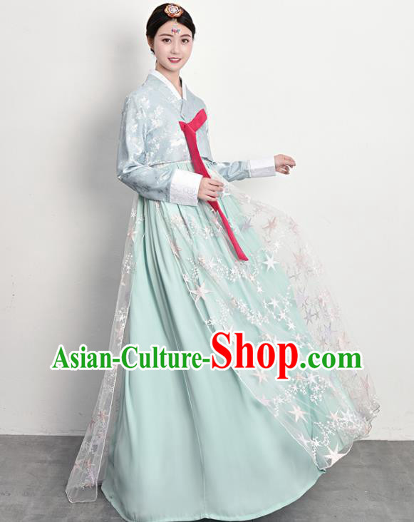 Traditional Korean Palace Princess Blue Blouse and Dress Outfits Asian Court Dress Korea Ancient Female Garment Costumes