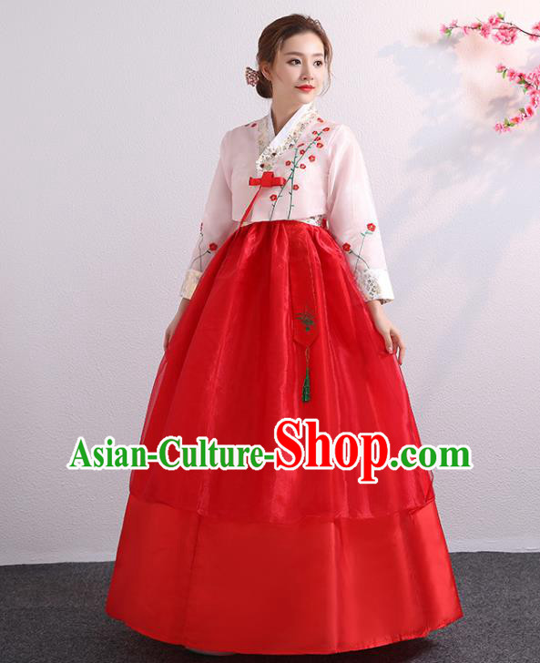 Korean Palace Princess Embroidered Pink Blouse and Red Dress Traditional Wedding Outfits Asian Bride Dress Korea Ancient Court Garment Costumes