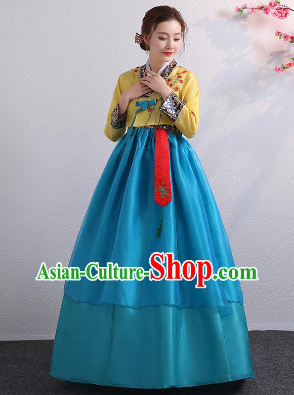 Asian Korea Bride Dress Ancient Court Garment Costumes Korean Palace Princess Embroidered Yellow Blouse and Blue Dress Traditional Wedding Outfits