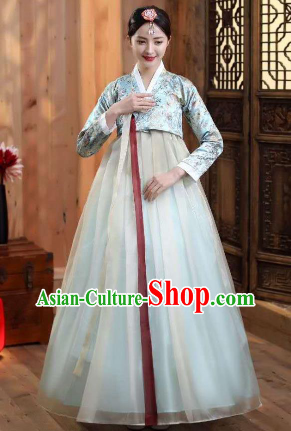 Korean Ancient Bride Garment Costumes Court Blue Blouse and Dress Asian Korea Dance Outfits Traditional Wedding Dress