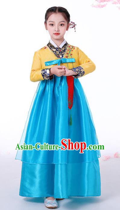 Asian Traditional Hanbok Clothing Korea Girl Birthday Embroidered Yellow Blouse and Blue Dress Korean Children Performance Garment Costumes