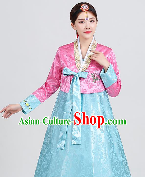 Asian Korean Embroidered Pink Blouse and Blue Dress Traditional Wedding Hanbok Uniforms Korea Dance Clothing Ancient Court Garment Costumes