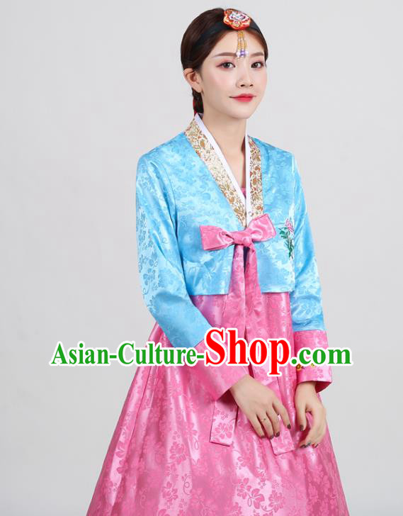 Asian Korean Ancient Court Garment Costumes Embroidered Blue Blouse and Pink Dress Traditional Wedding Hanbok Uniforms Korea Dance Clothing