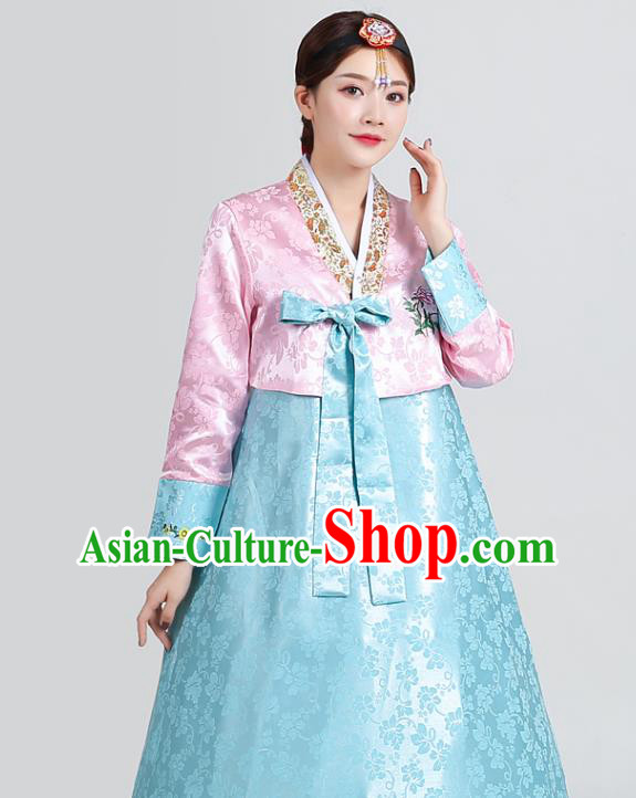 Asian Korea Dance Clothing Korean Ancient Court Garment Costumes Embroidered Pink Blouse and Blue Dress Traditional Wedding Hanbok Uniforms