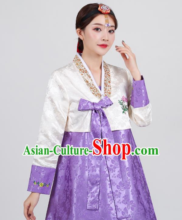 Korean Ancient Court Garment Costumes Asian Korea Embroidered White Blouse and Purple Dress Traditional Wedding Hanbok Uniforms Dance Clothing