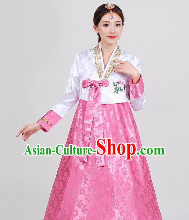 Korean Dance Clothing Ancient Court Garment Costumes Asian Korea Embroidered White Blouse and Rosy Dress Traditional Wedding Hanbok Uniforms