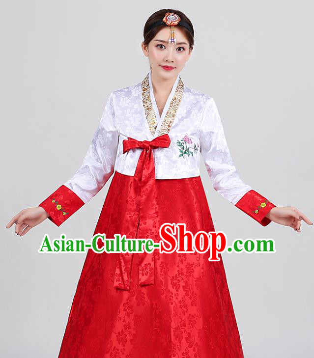 Korean Traditional Wedding Hanbok Uniforms Dance Clothing Ancient Court Garment Costumes Asian Korea Embroidered White Blouse and Red Dress
