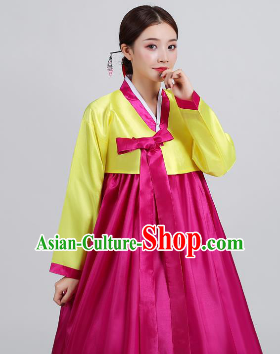 Asian Korea Yellow Blouse and Purple Dress Korean Traditional Hanbok Uniforms Ancient Court Dance Clothing