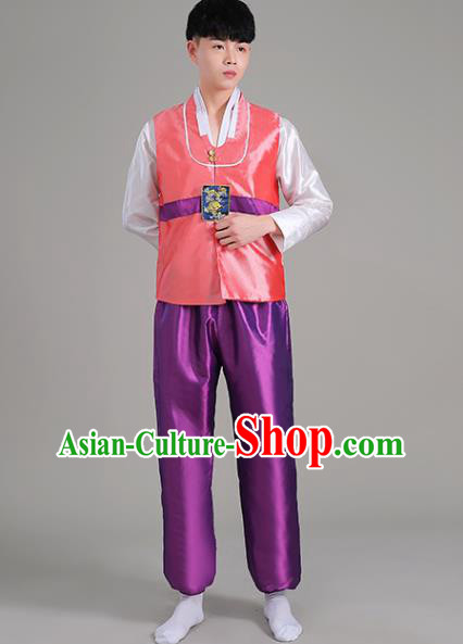 Korea Stage Performance Clothing Pink Vest White Shirt and Purple Pants Korean Male Costumes Traditional Wedding Suits