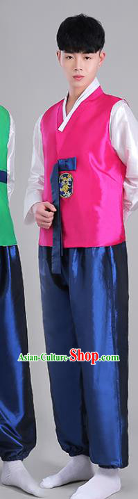 Korean Male Costumes Traditional Wedding Suits Korea Stage Performance Clothing Rosy Vest White Shirt and Navy Pants