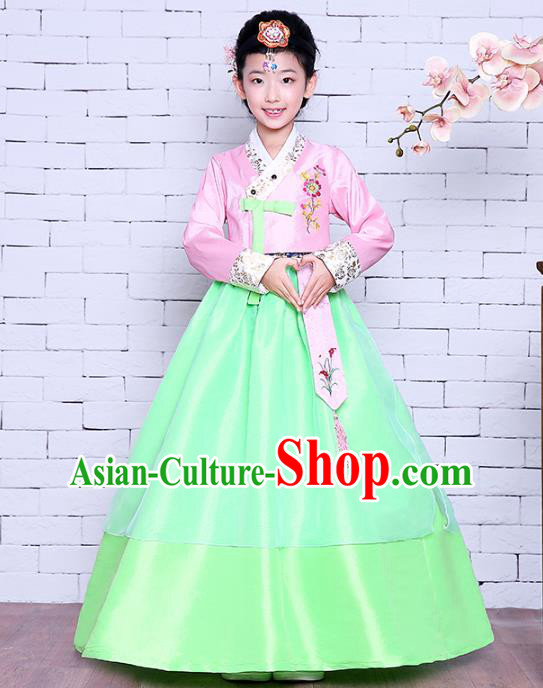 Asian Korean Children Court Garment Costumes Traditional Hanbok Clothing Korea Girl Princess Embroidered Pink Blouse and Green Dress