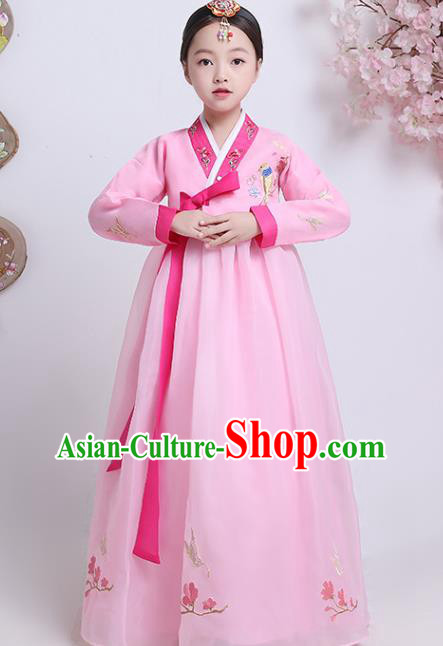Korean Traditional Girl Hanbok Clothing Court Princess Garment Costumes Asian Korea Children Embroidered Pink Blouse and Dress