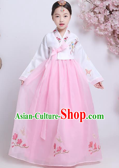 Asian Korea Children Embroidered White Blouse and Pink Dress Korean Traditional Girl Hanbok Clothing Court Princess Garment Costumes