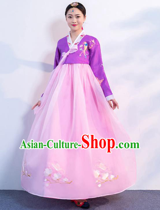 Korean Traditional Hanbok Uniforms Korea Ancient Court Dance Clothing Asian Embroidered Purple Blouse and Pink Dress