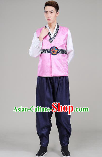 Korea Traditional Male Wedding Hanbok Suits Court Clothing Korean Prince Pink Vest White Shirt and Navy Pants Costumes