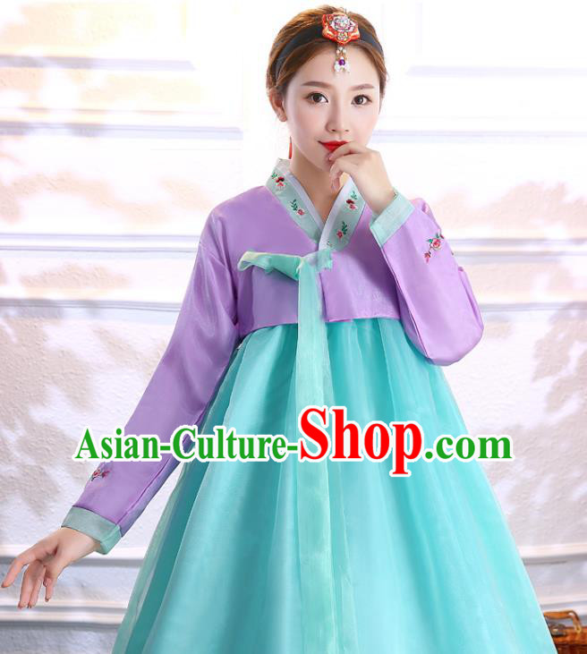 Korean Court Wedding Uniforms Korea Ancient Bride Clothing Asian Traditional Hanbok Embroidered Purple Blouse and Blue Dress