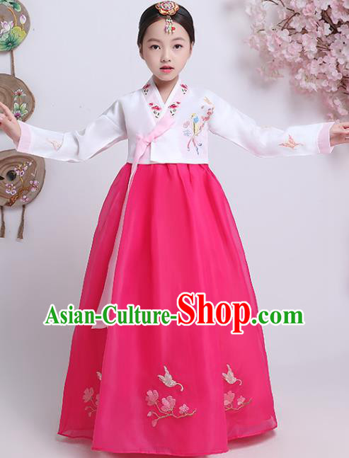 Asian Korea Children Embroidered White Blouse and Rosy Dress Traditional Girl Hanbok Clothing Korean Court Princess Garment Costumes