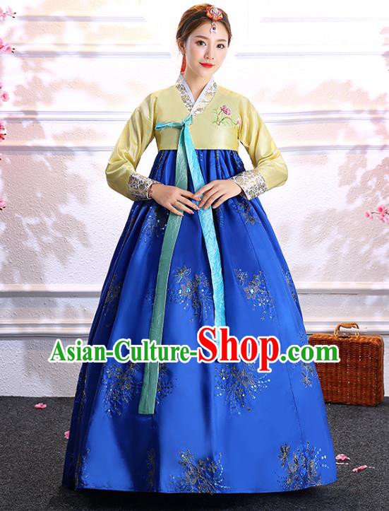 Asian Traditional Hanbok Korean Court Bride Fashion Garments Korea Wedding Clothing Classical Dance Embroidered Yellow Blouse and Blue Dress
