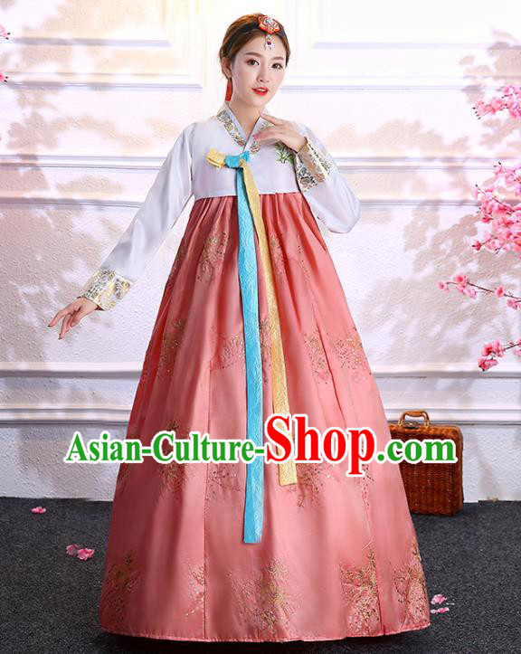 Korea Wedding Clothing Asian Classical Dance Embroidered White Blouse and Pink Dress Traditional Hanbok Korean Court Bride Fashion Garments