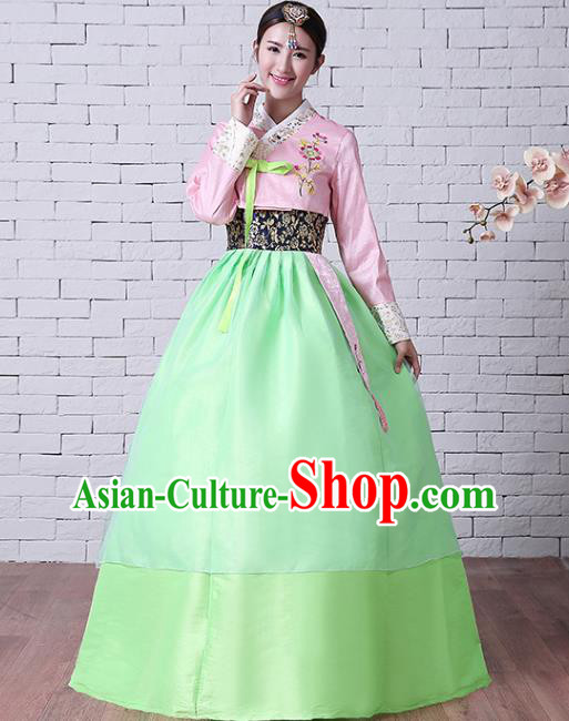Asian Korea Wedding Clothing Classical Embroidered Pink Blouse and Green Dress Korean Court Hanbok Traditional Bride Fashion Garments