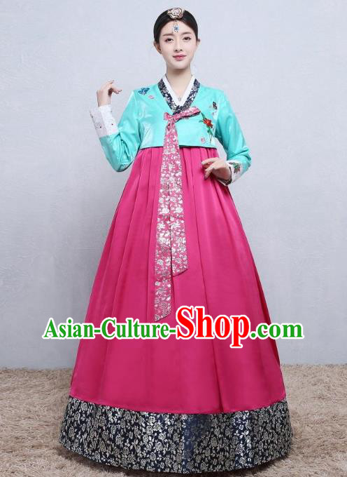 Korea Wedding Clothing Korean Classical Dance Blue Blouse and Rosy Dress Court Tangyi Hanbok Traditional Bride Fashion Garments