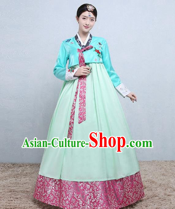 Korea Traditional Bride Fashion Garments Wedding Clothing Korean Classical Dance Blue Blouse and Light Green Dress Court Tangyi Hanbok