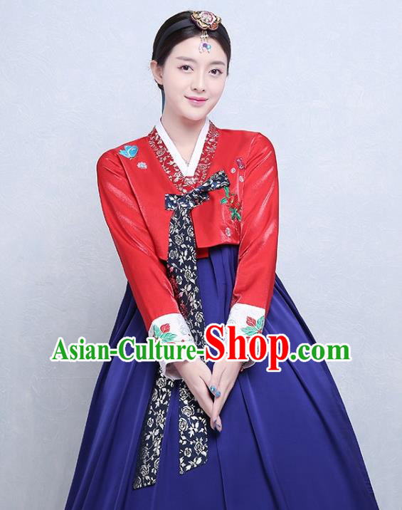 Korea Court Tangyi Hanbok Traditional Bride Fashion Garments Wedding Clothing Korean Classical Dance Red Blouse and Royalblue Dress