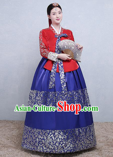 Korean Classical Dance Red Blouse and Royalblue Dress Korea Court Tangyi Hanbok Traditional Bride Fashion Garments Wedding Clothing