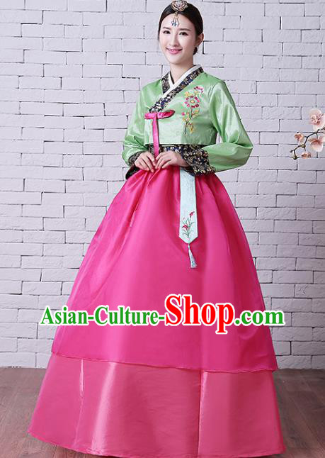 Korean Court Hanbok Asian Traditional Bride Fashion Garments Korea Wedding Clothing Classical Embroidered Green Blouse and Rosy Dress