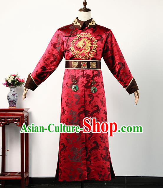 Chinese Ancient Emperor Clothing Story of Yanxi Palace Monarch Qianlong Red Imperial Robe Qing Dynasty Prince Casual Costume