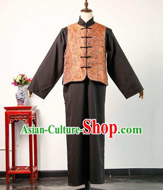 Chinese Drama Teahouse Elderly Male Orange Mandarin Jacket and Grey Robe Qing Dynasty Landlord Clothing Ancient Shopkeeper Uniform