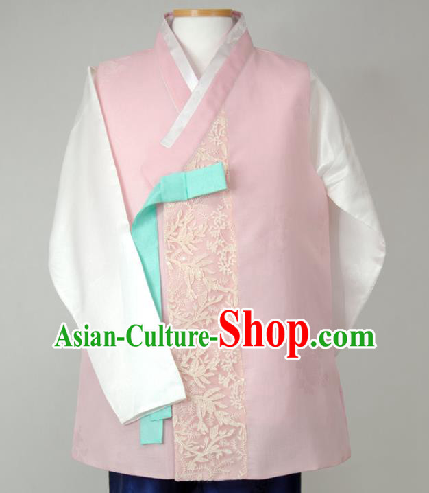 Korean Traditional Costumes Classical Wedding Bridegroom Clothing Korea Young Male Hanbok Pink Vest White Shirt and Navy Pants
