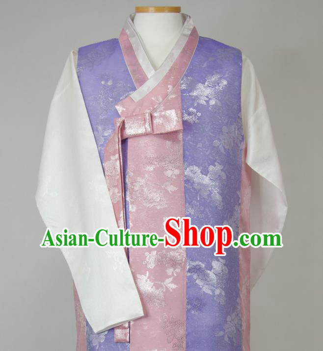 Korea Young Male Hanbok Lilac Vest White Shirt and Navy Pants Korean Traditional Costumes Classical Wedding Bridegroom Clothing